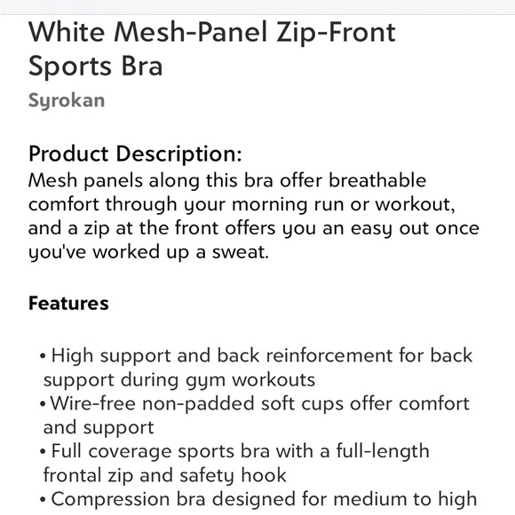 🏃🏽♀️Syrokan🏃🏽♀️white mesh-panel zip front sports bra, size 40 D. - Picture 4 of 15